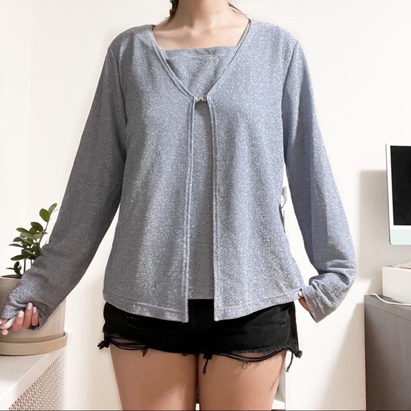 Y2K AGB BLUE SPARKLY GLITTER LONG SLEEVE SHIRT - Picture 3 of 7